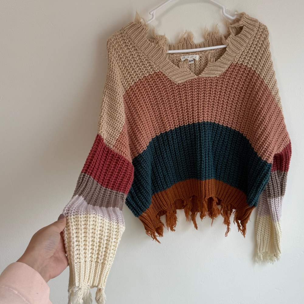 Autumn Color Block Cropped Knit Distressed Sweater size Small/Medium - Picture 2 of 8